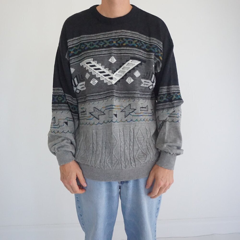 Portobello Charcoal Gray Patterned Knit Eclectic Grandpa Retro 90s Sweater L